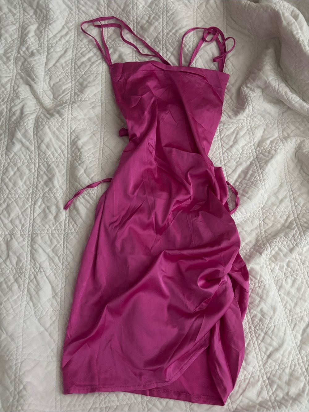 Hot Pink Satin Ruched Lace Up Bodycon Mini Dress Size M Y2K Club
